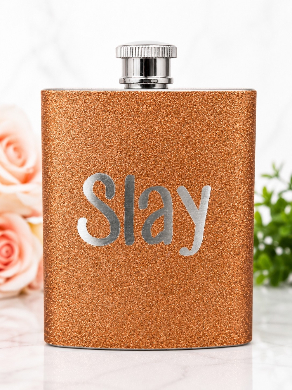 Slay Glitter 6 oz Stainless Steel Hip Flask Rose Gold